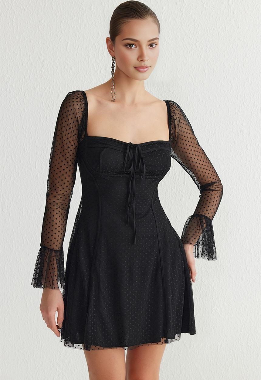 Trendyol - Lined Polka Dot Tulle Knitted  Evening Dress - Black