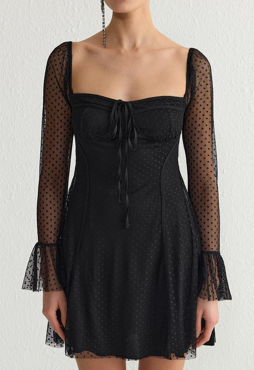 Trendyol - Lined Polka Dot Tulle Knitted  Evening Dress - Black