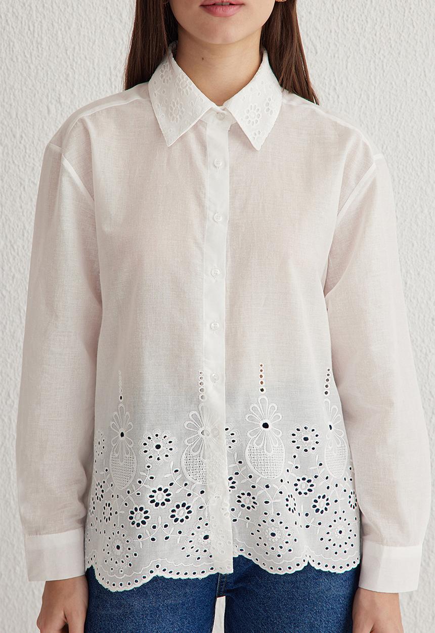 Trendyol -  Woven Shirt Embroidery Brodee Detail-White