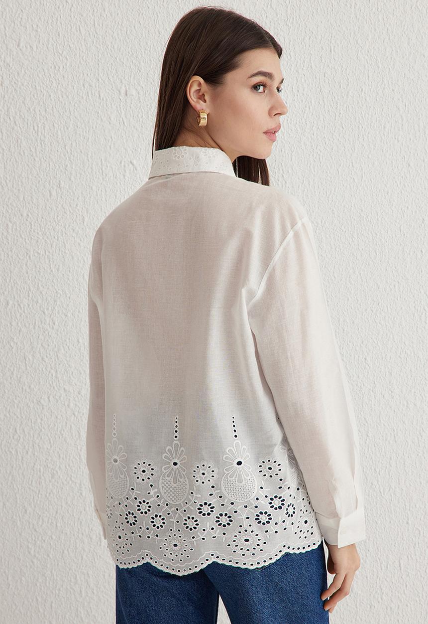 Trendyol -  Woven Shirt Embroidery Brodee Detail-White