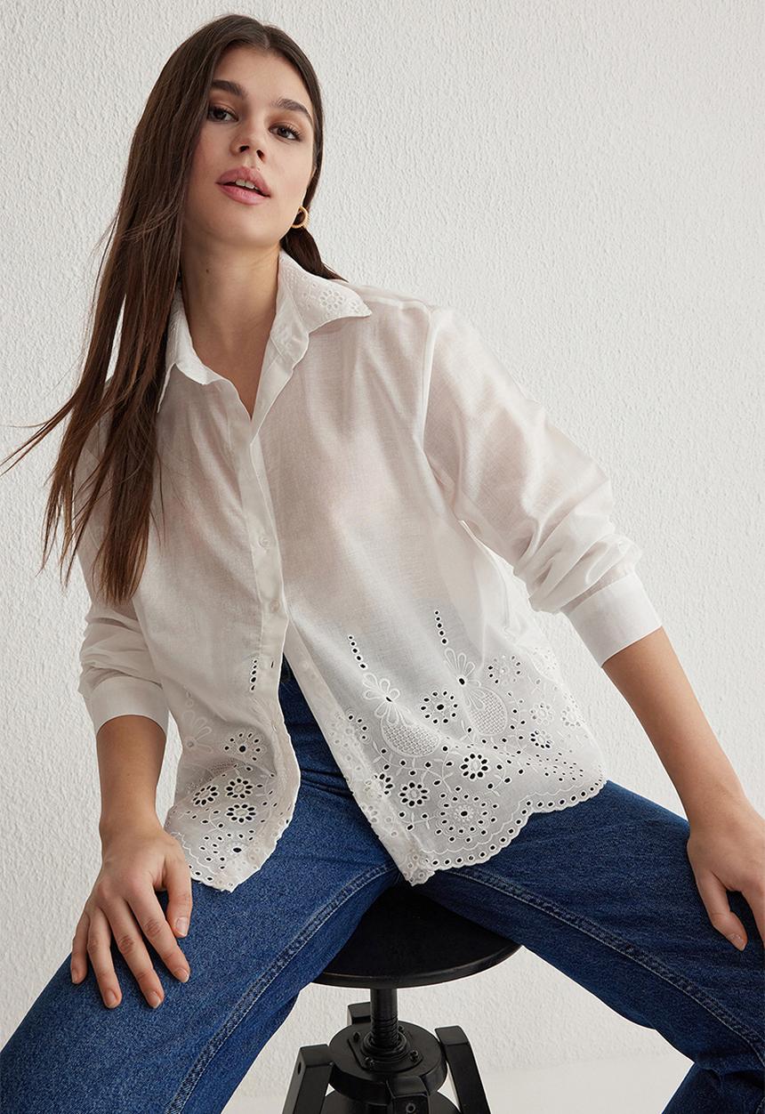 Trendyol -  Woven Shirt Embroidery Brodee Detail-White