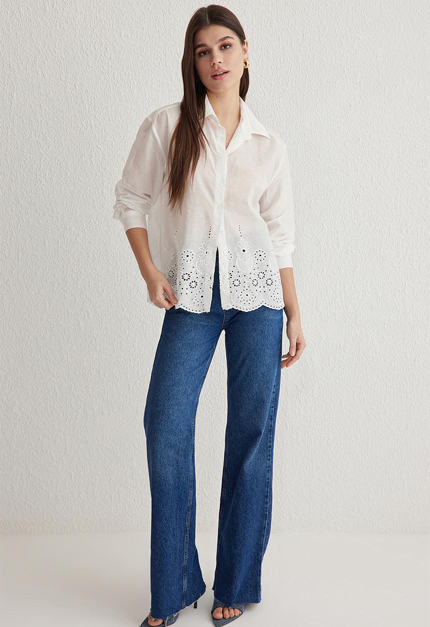 Trendyol -  Woven Shirt Embroidery Brodee Detail-White