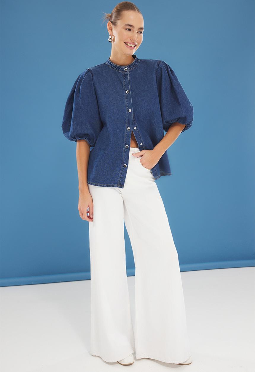 Flounce Balloon Sleeves Mandarin Collar Denim Shirt - Blue