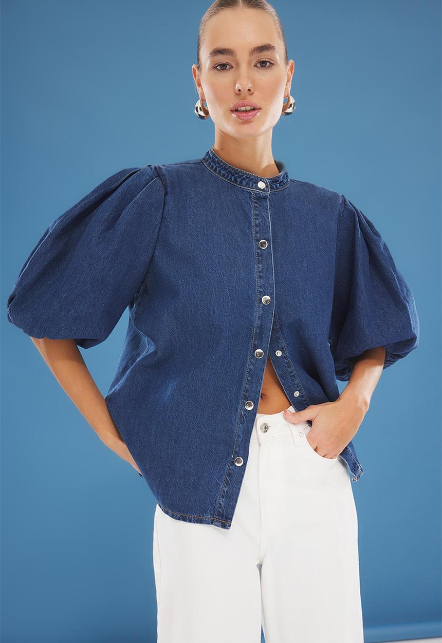 Flounce Balloon Sleeves Mandarin Collar Denim Shirt - Blue