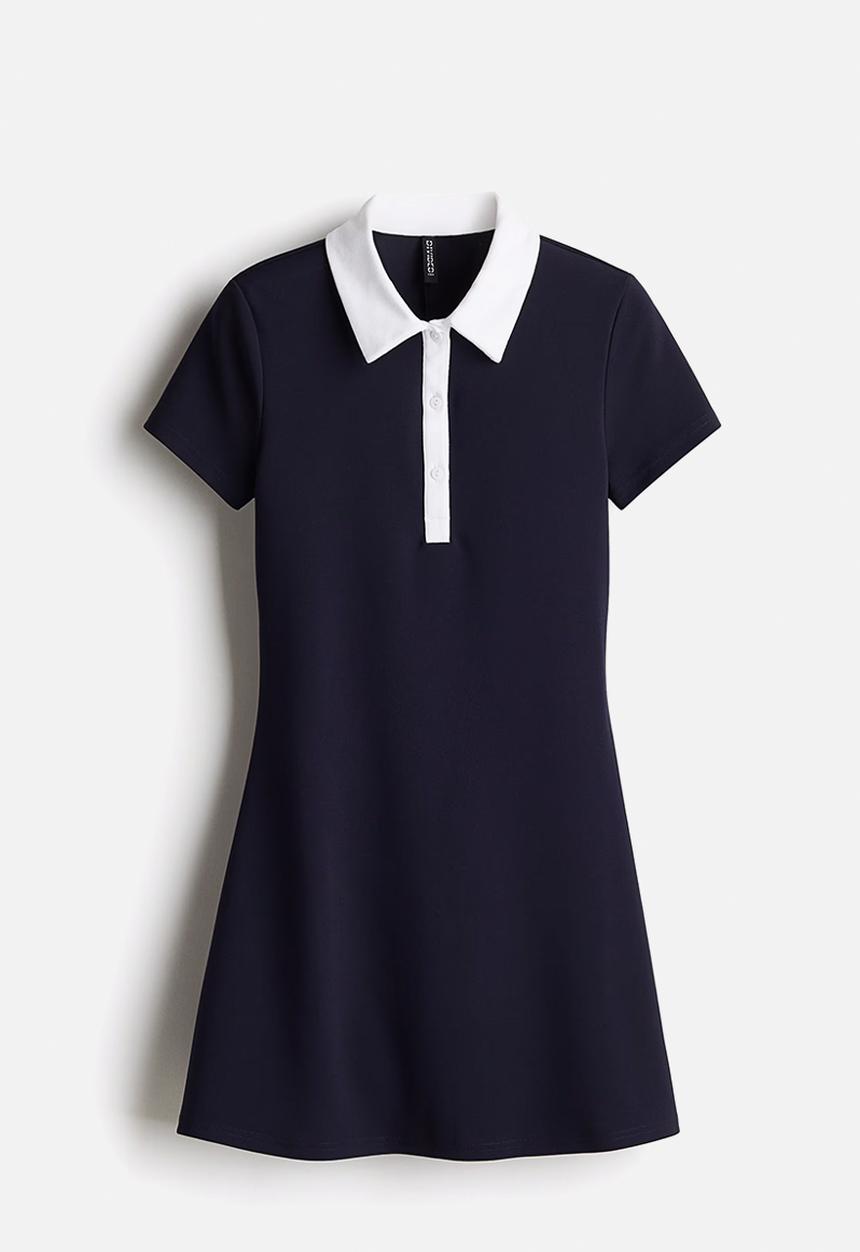 Flared-skirt polo dress - navy blue - 1274184002