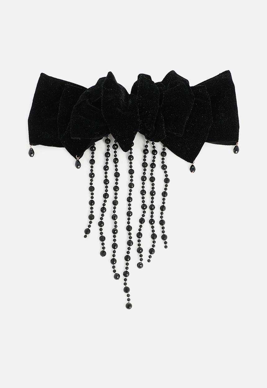 Tessa Design - Alexia velvet bow with beaded embellishments - black