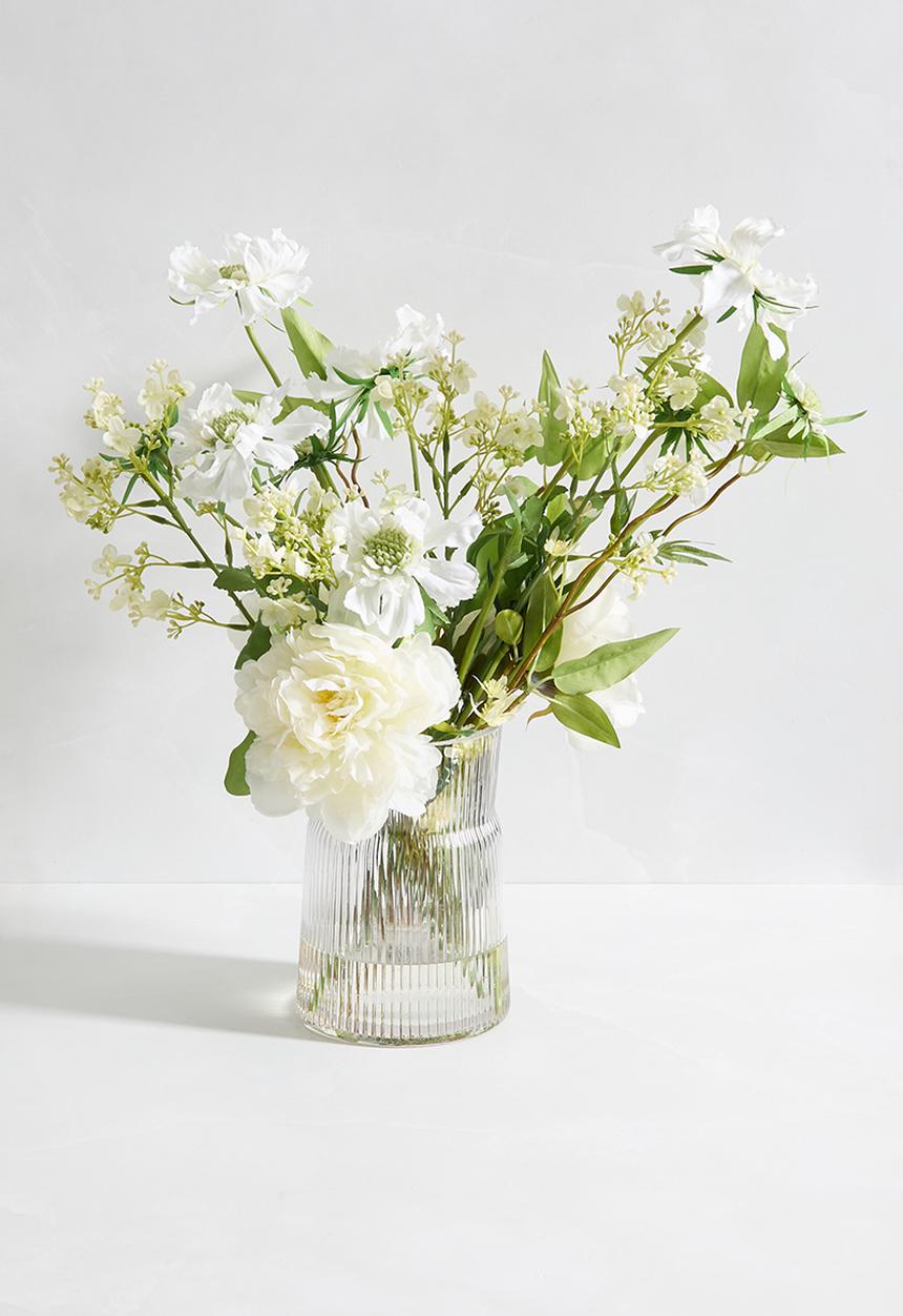 Silk By Design - Scabiosa white peony in ribbed glass vase