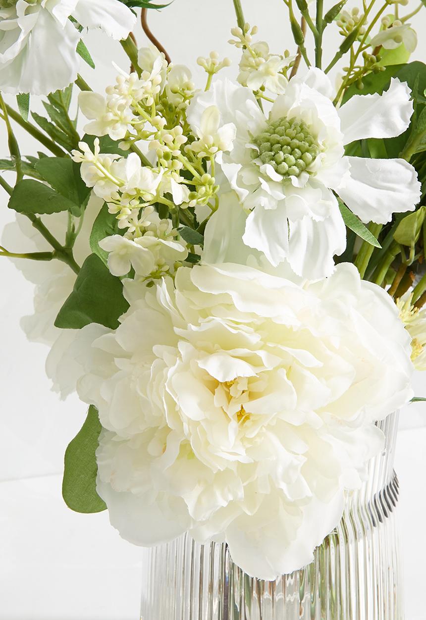 Silk By Design - Scabiosa white peony in ribbed glass vase