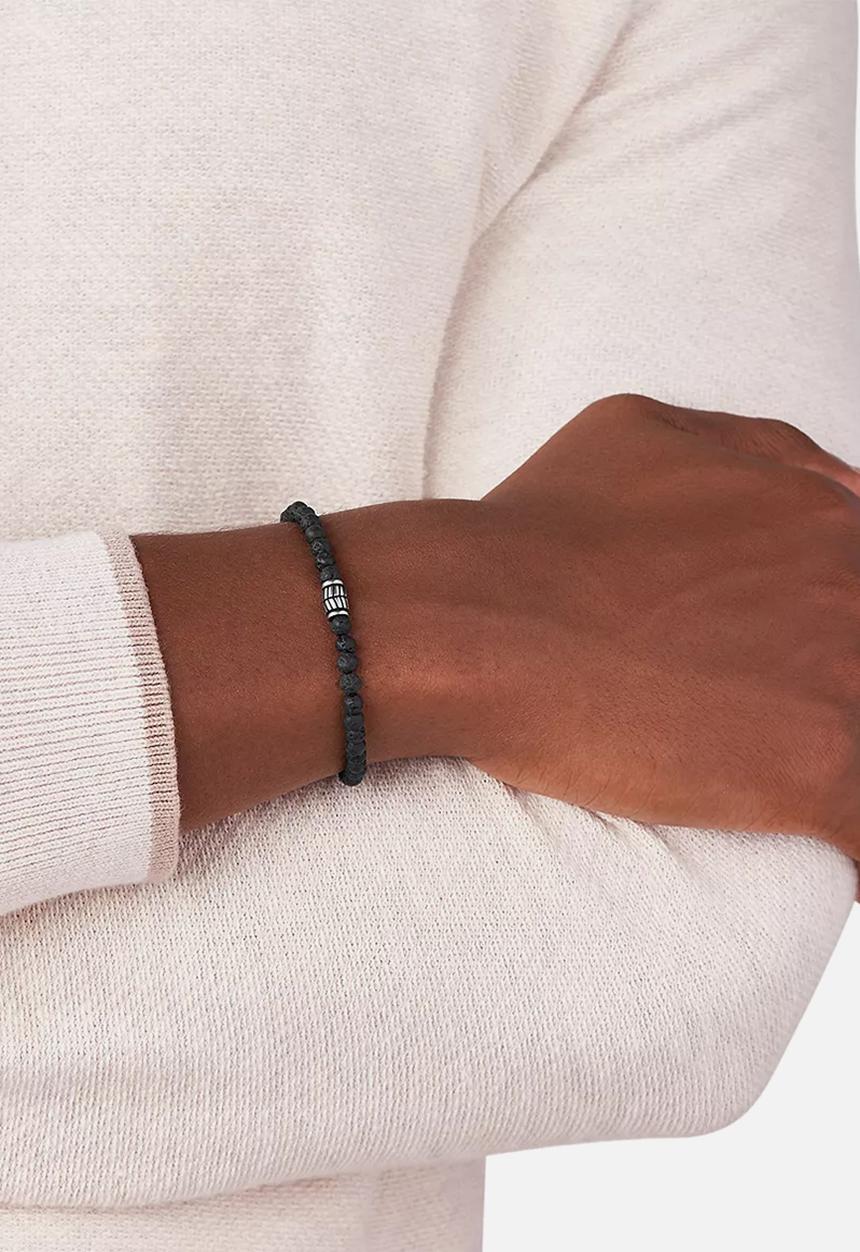 Fossil - Lava stone beaded bracelet- silver & black