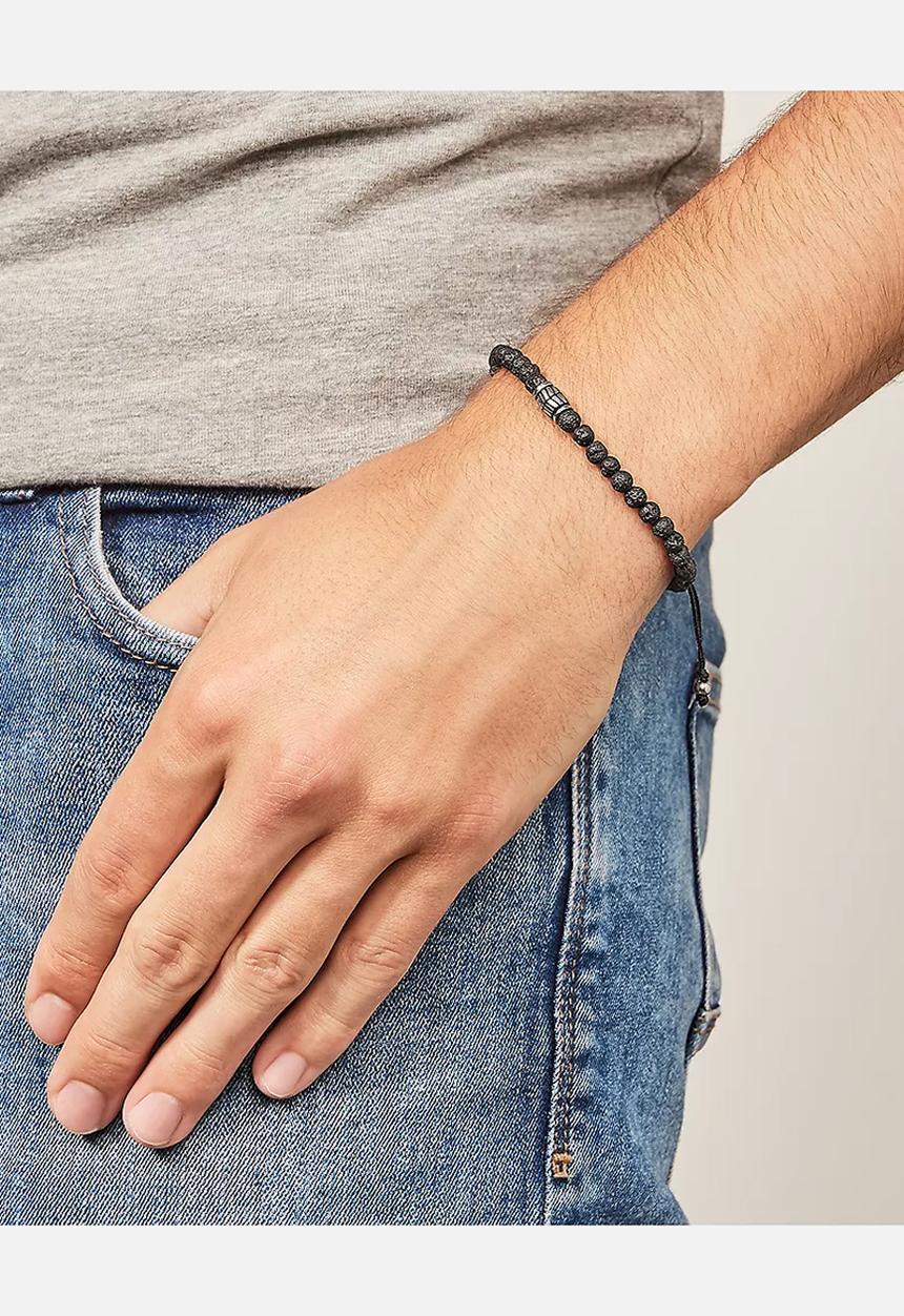 Fossil - Lava stone beaded bracelet- silver & black
