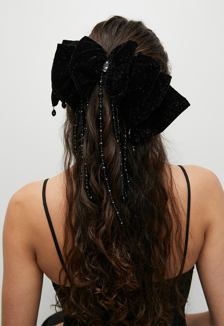 Tessa Design - Alexia velvet bow with beaded embellishments - black