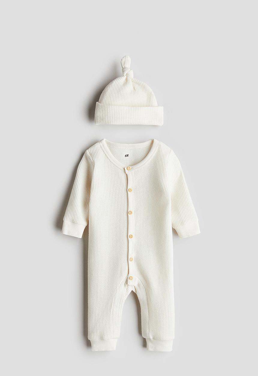 H&M - 2-piece waffled cotton set - cream