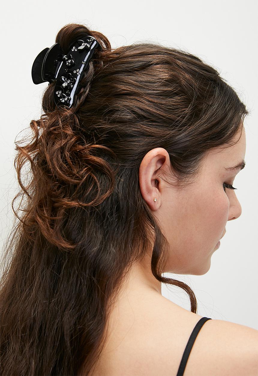 Tessa Design - Poppy hair claw clip with flower embelishment-black