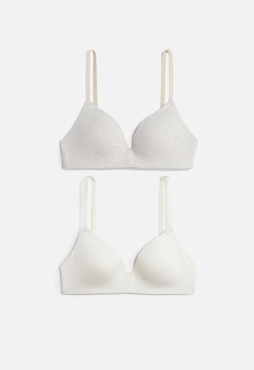 H&M - 2-Pack padded non-wired cotton bras - light beige & beige marl