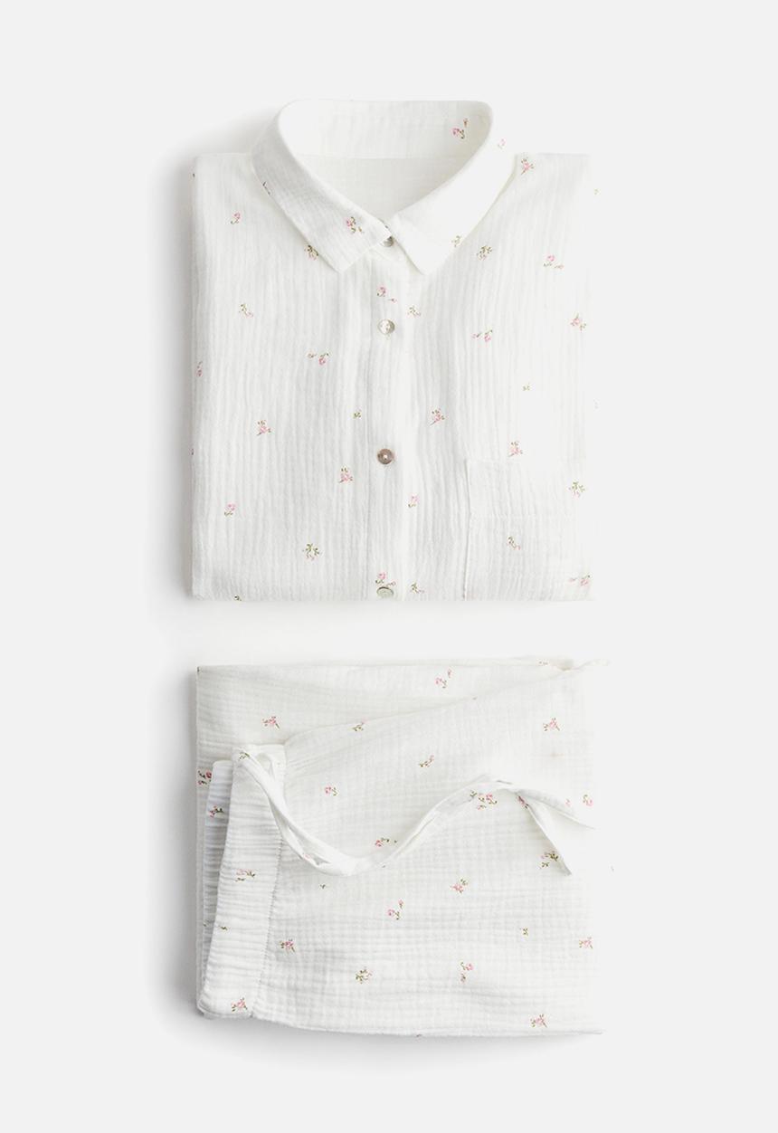 Cotton muslin pyjamas - white/floral - 1262175007