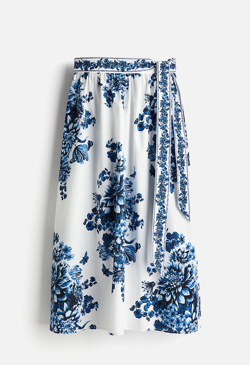 H&M - Tie-detail poplin skirt - white & blue floral
