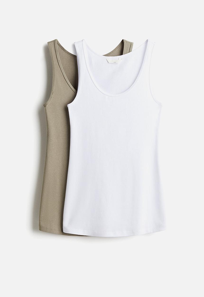 H&M - Mama 2-pack cotton vest tops - khaki green & white 