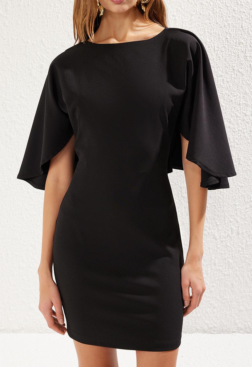 Trendyol - Black Boat Neck Cape Detailed Woven Elegant Dress