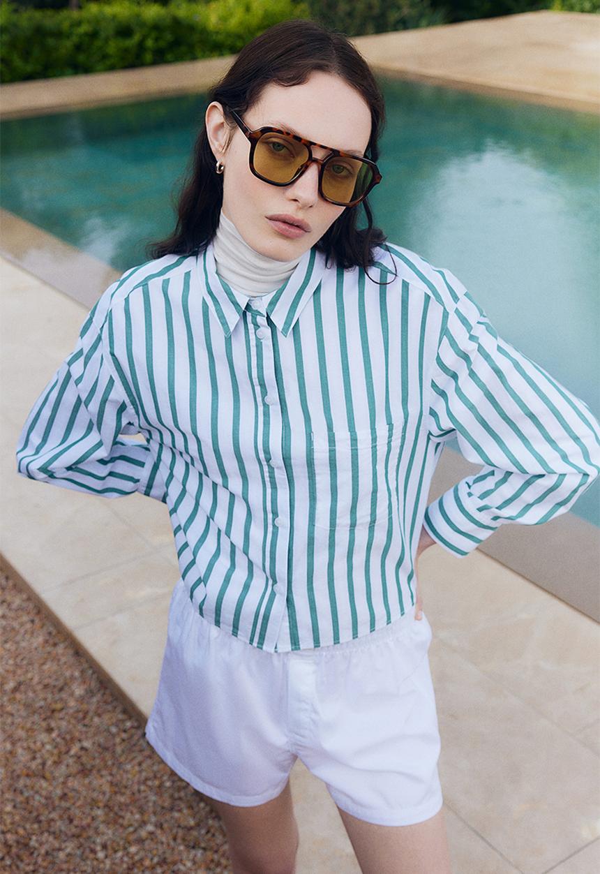 H&M - Short poplin shirt - white & green striped