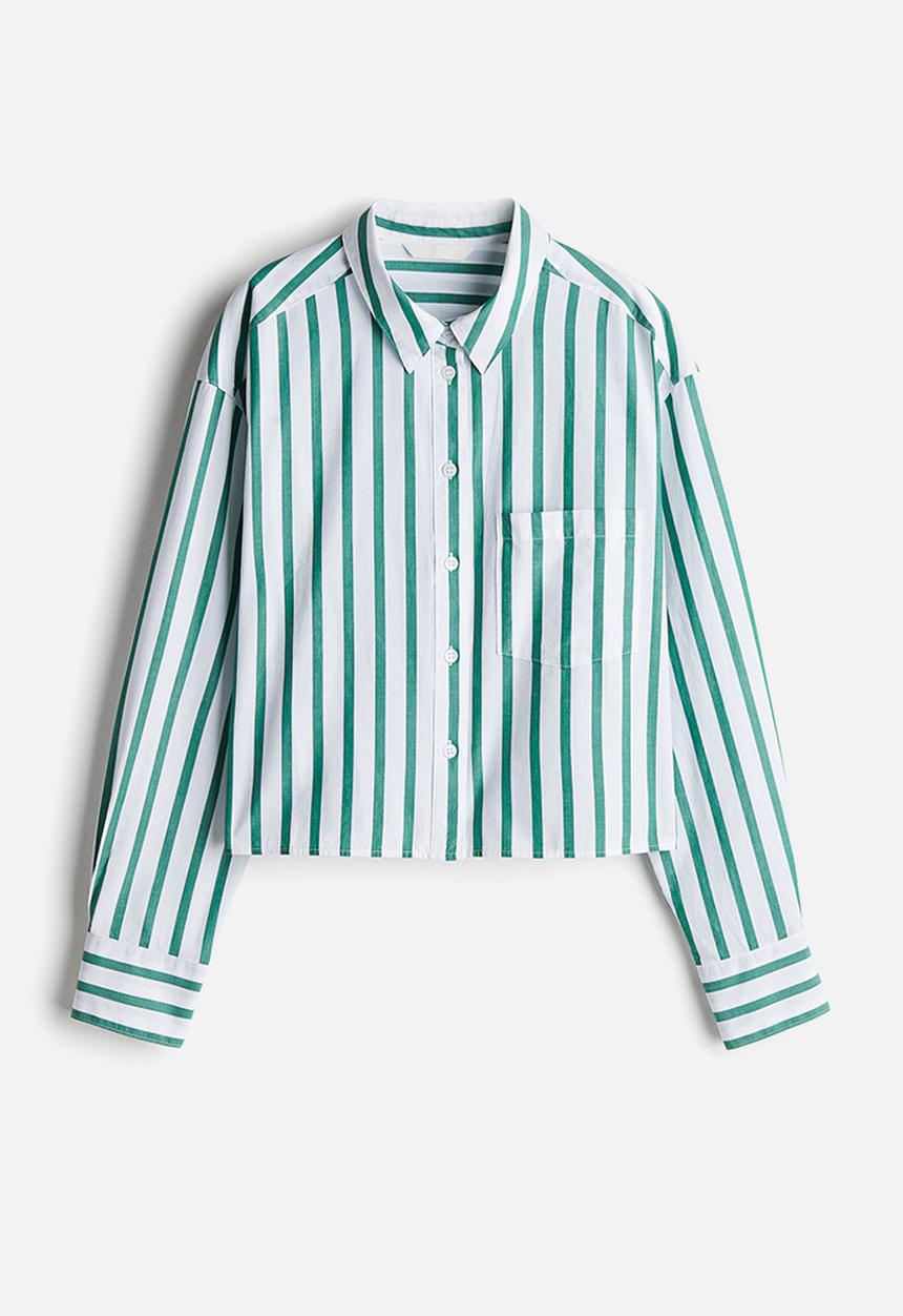 H&M - Short poplin shirt - white & green striped