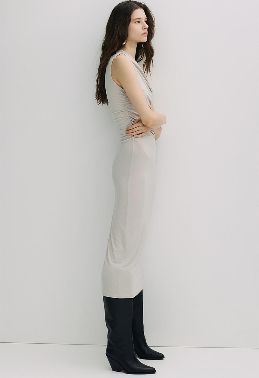 H&M - Twist-detail one-shoulder dress - light greige 