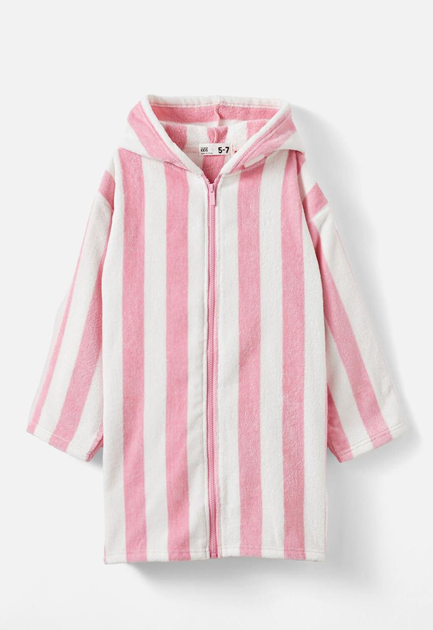 Cotton On - Kids Zip Thru Hooded Towel - Marshmallow/Bold Stripe