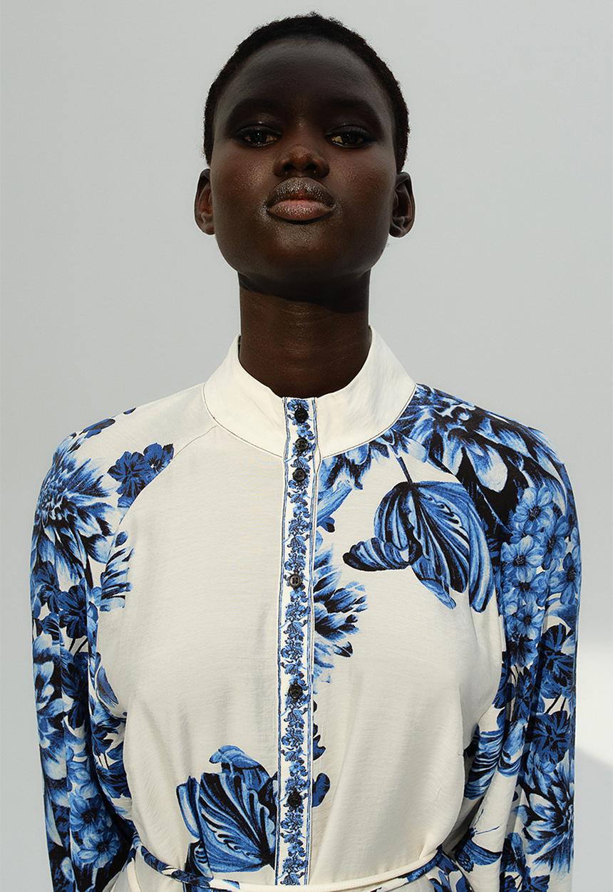 H&M - Tie-belt dress - white & blue floral