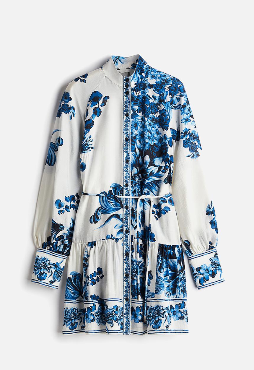 H&M - Tie-belt dress - white & blue floral