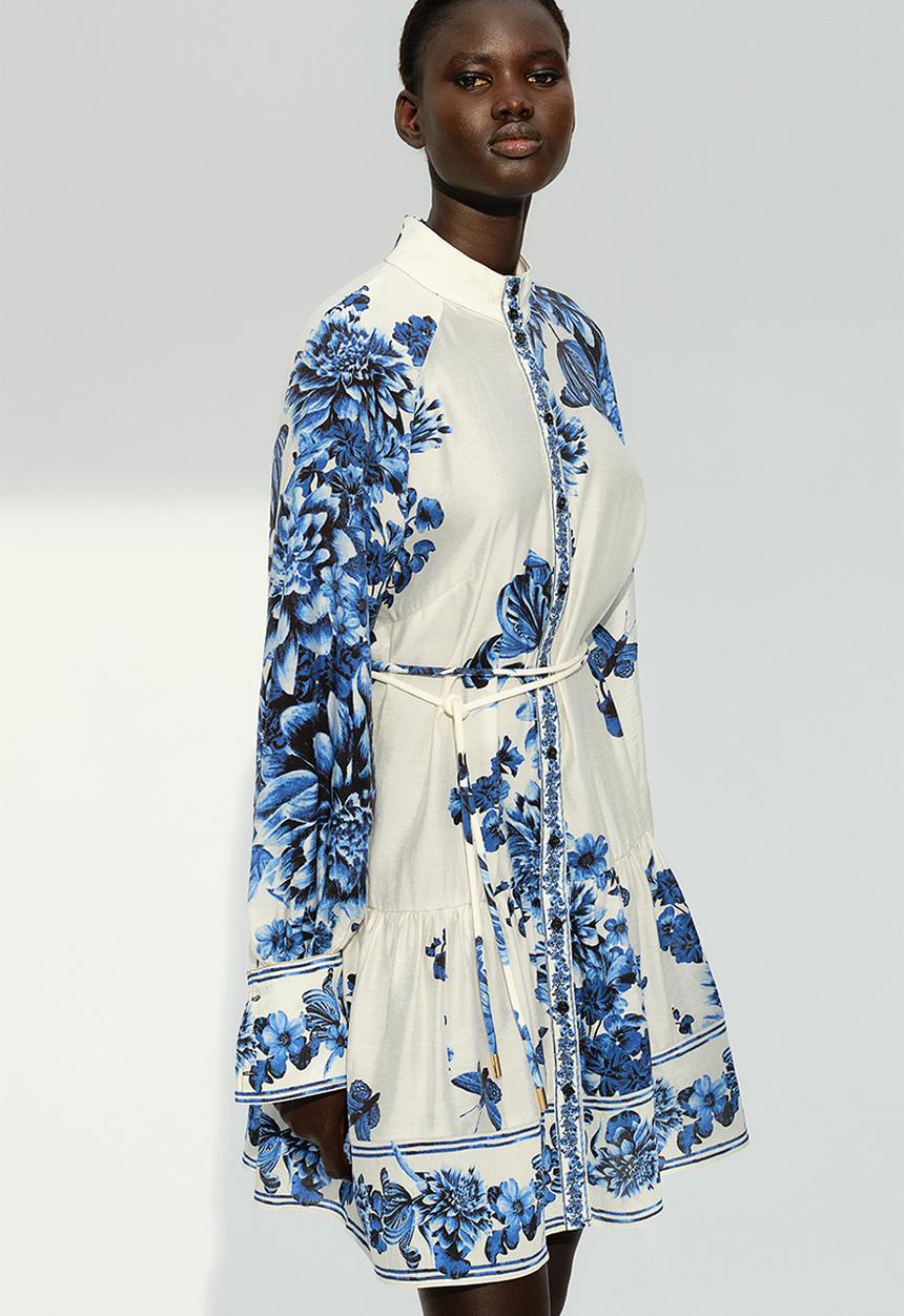 Tie-belt dress - white/blue floral - 1265601002