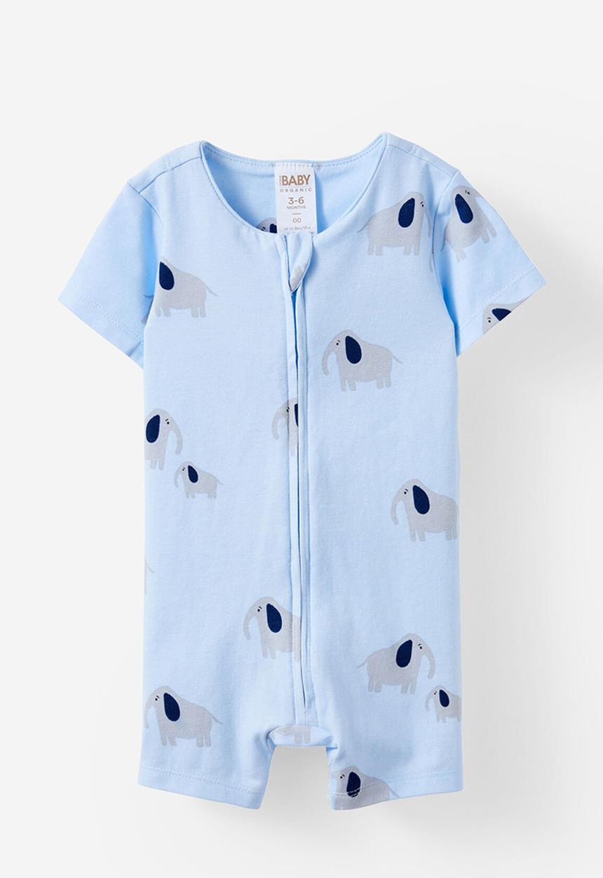 Cotton On - The short sleeve zip romper - dawn blue/ellie elephant