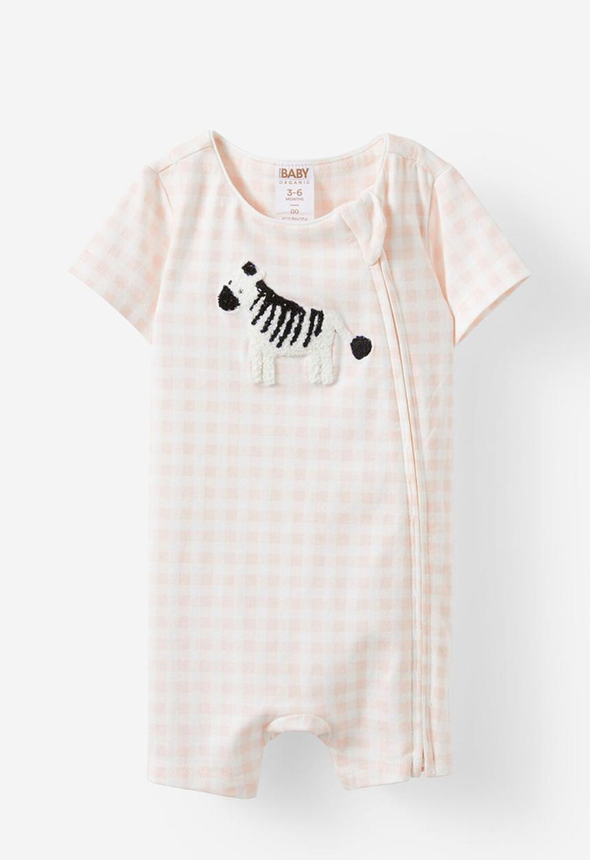 Cotton On - The short sleeve zip romper - pink pearl/zebra gingham