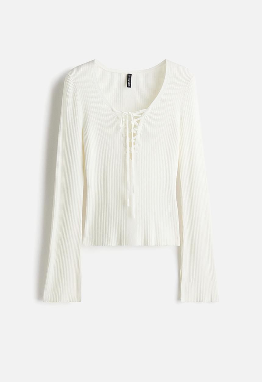 H&M - Lacing-detail rib-knit top - cream
