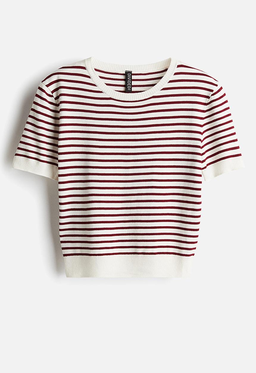 H&M - Fine-knit t-shirt - white & burgundy