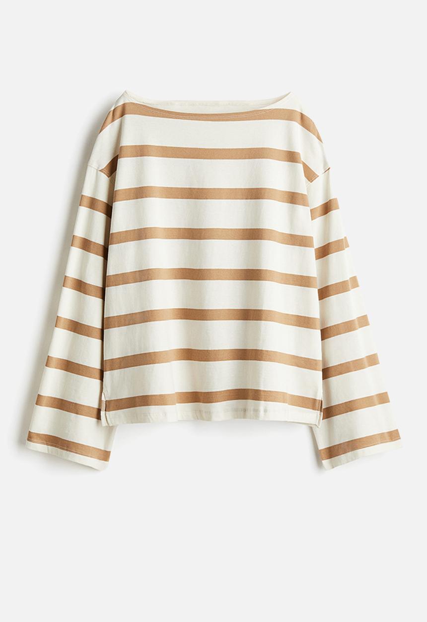 H&M - Boat-neck cotton top - white & beige striped