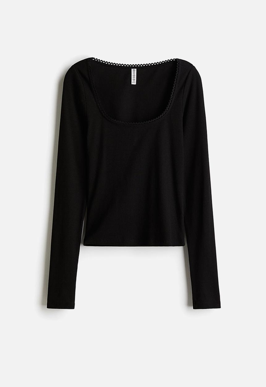 H&M - Picot-trimmed cotton top - black