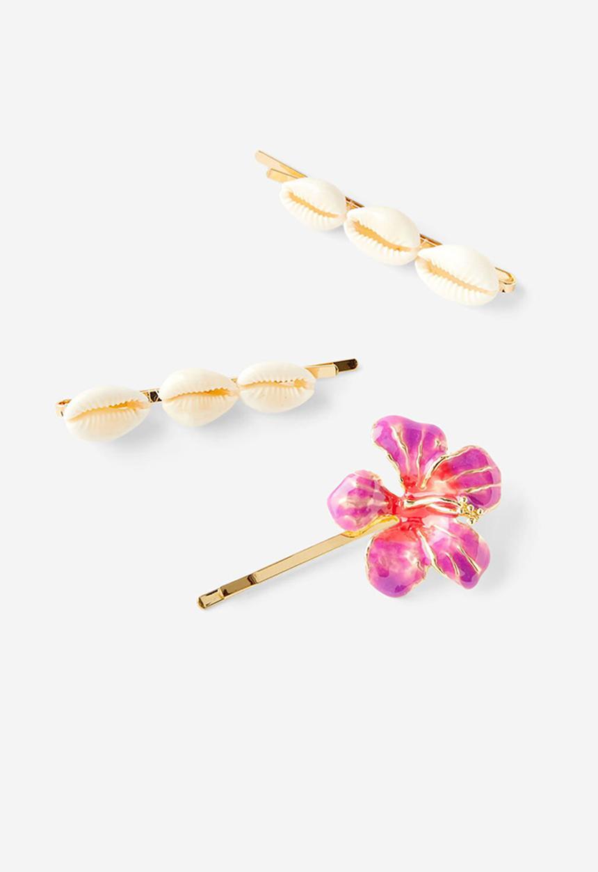 Rubi - Amelia hair clip- pink hibiscus/cowrie shell gold