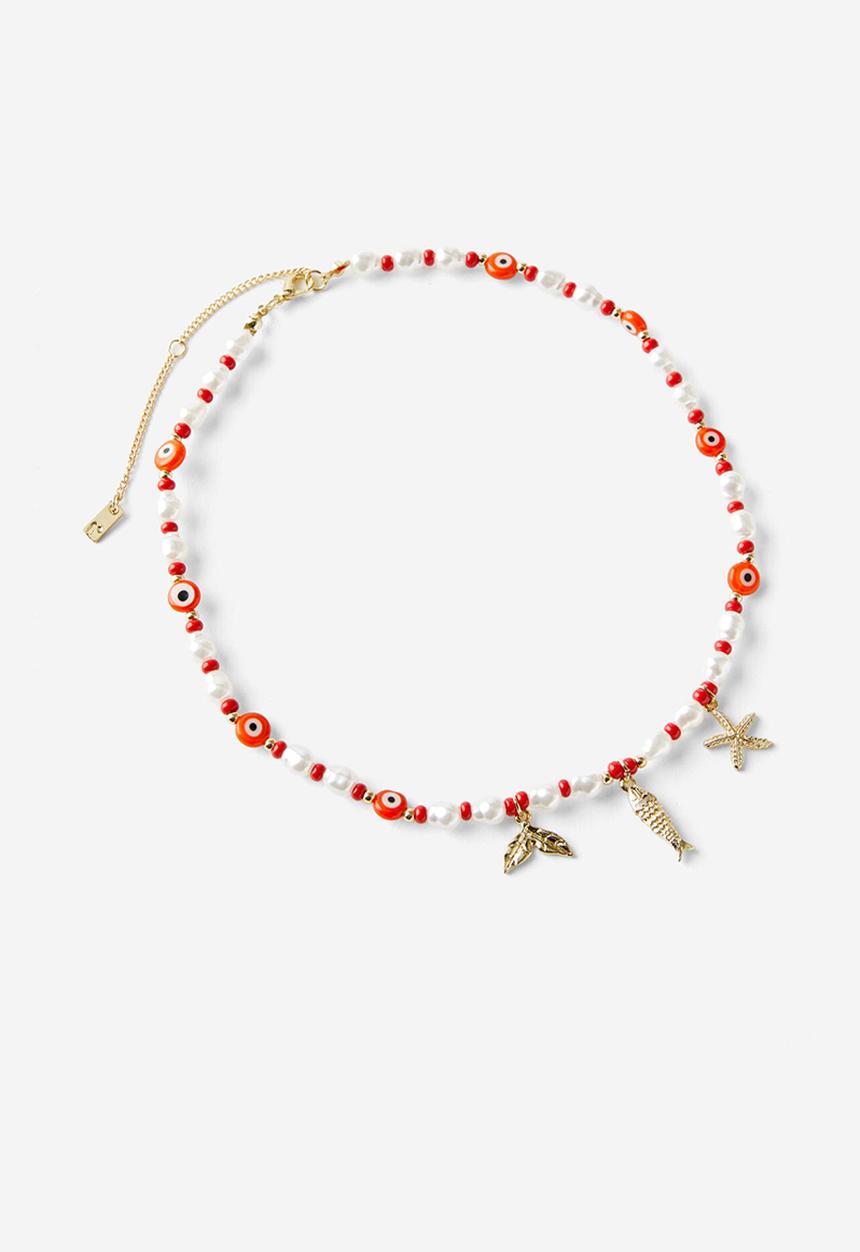 Rubi - Beaded necklace- up gold multi charm red evil eye