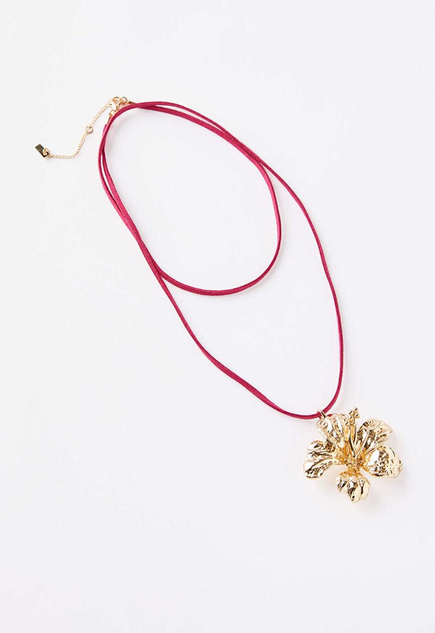 Rubi - Cord pendant necklace- up gold flower red