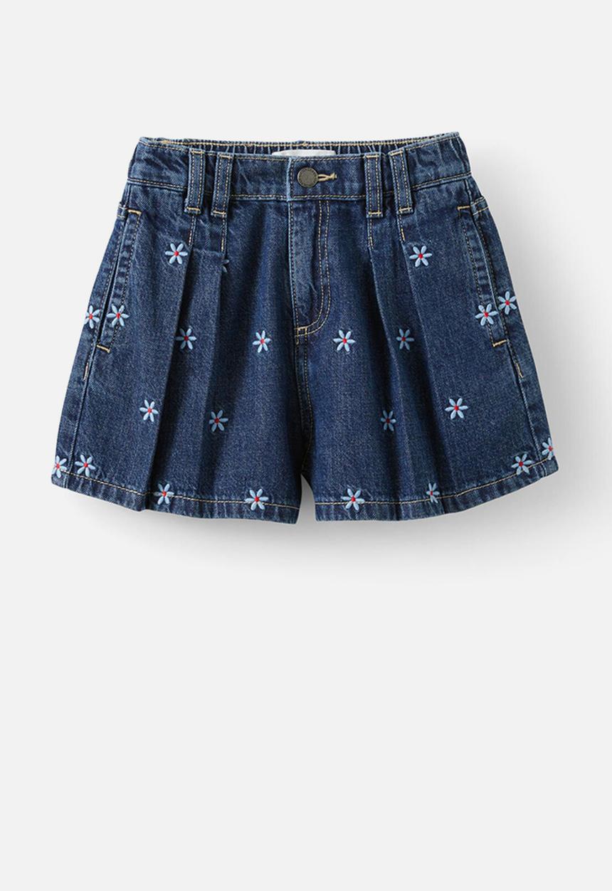 Cotton On - Sarai pleat front denim short - portsea dark blue/daisy embroidery