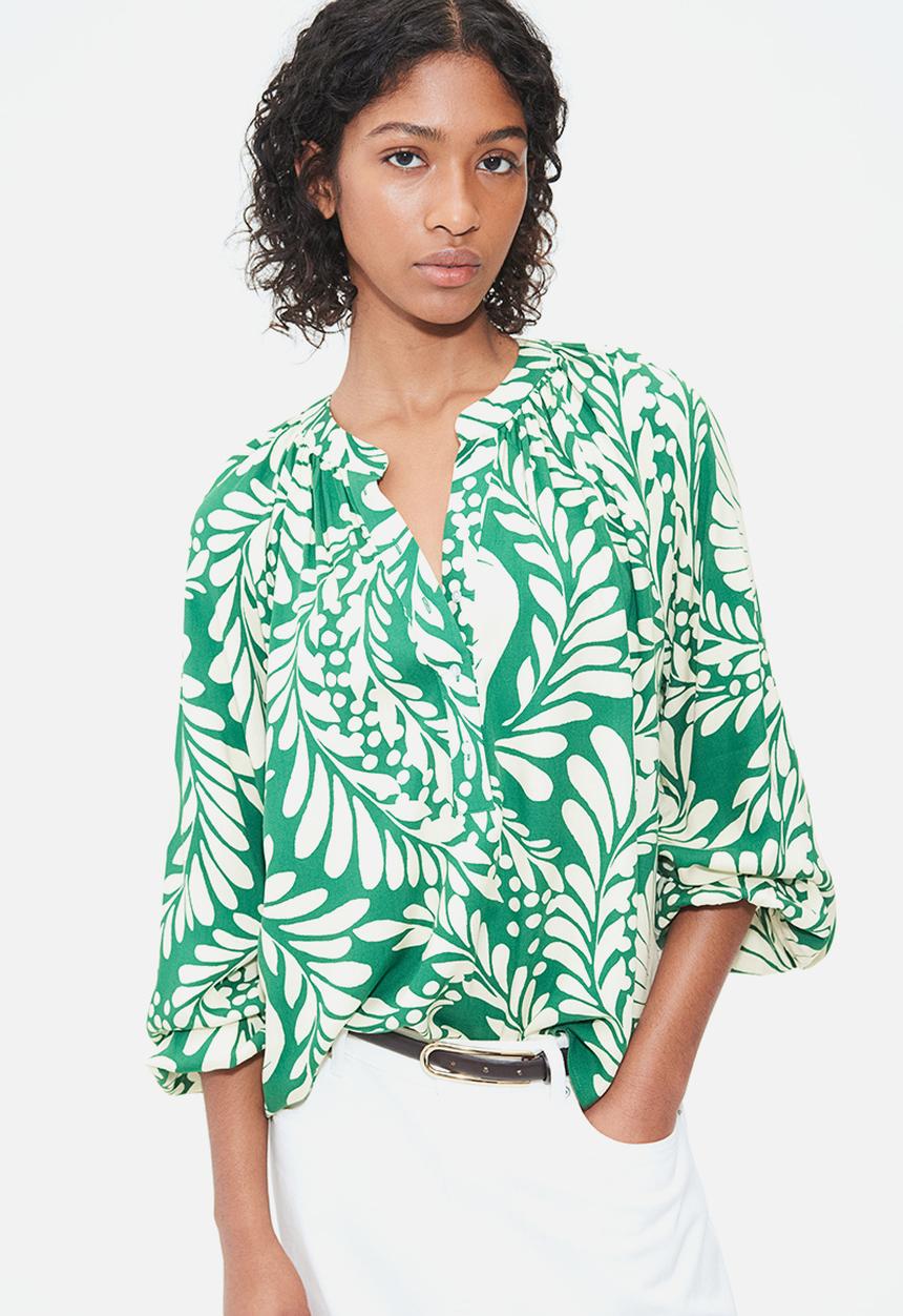 H&M - Balloon-sleeved blouse - green & cream patterned