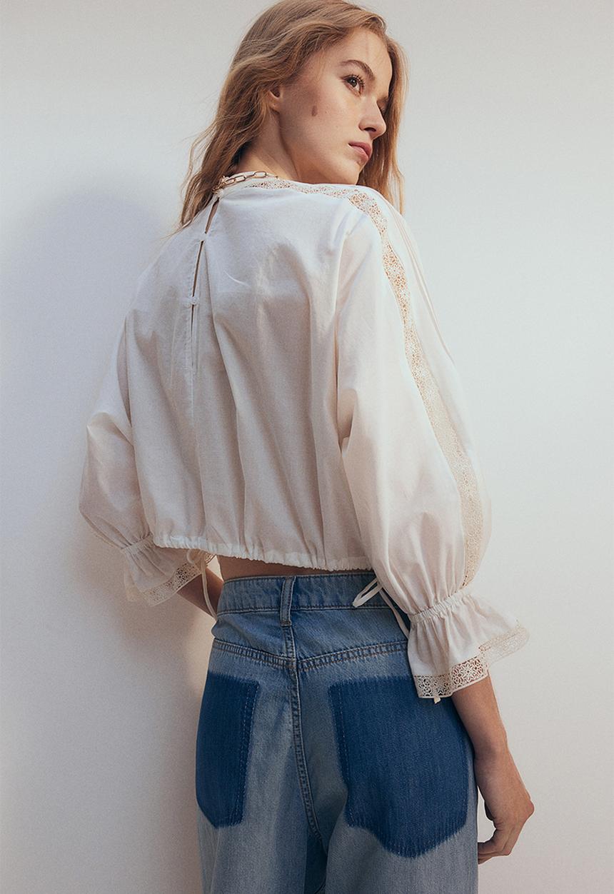 H&M - Lace-inset cotton blouse - cream