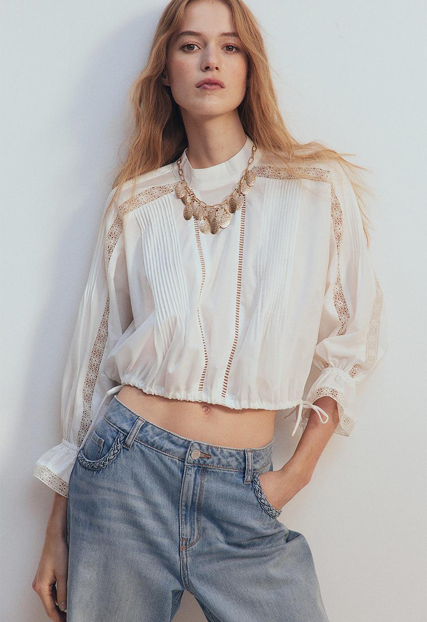 H&M - Lace-inset cotton blouse - cream