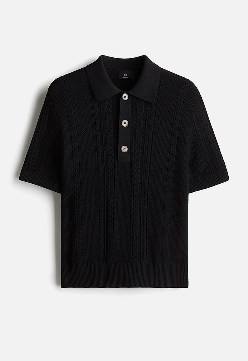 H&M - Regular fit cable-knit polo shirt - black