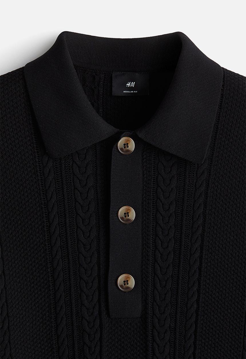 H&M - Regular fit cable-knit polo shirt - black