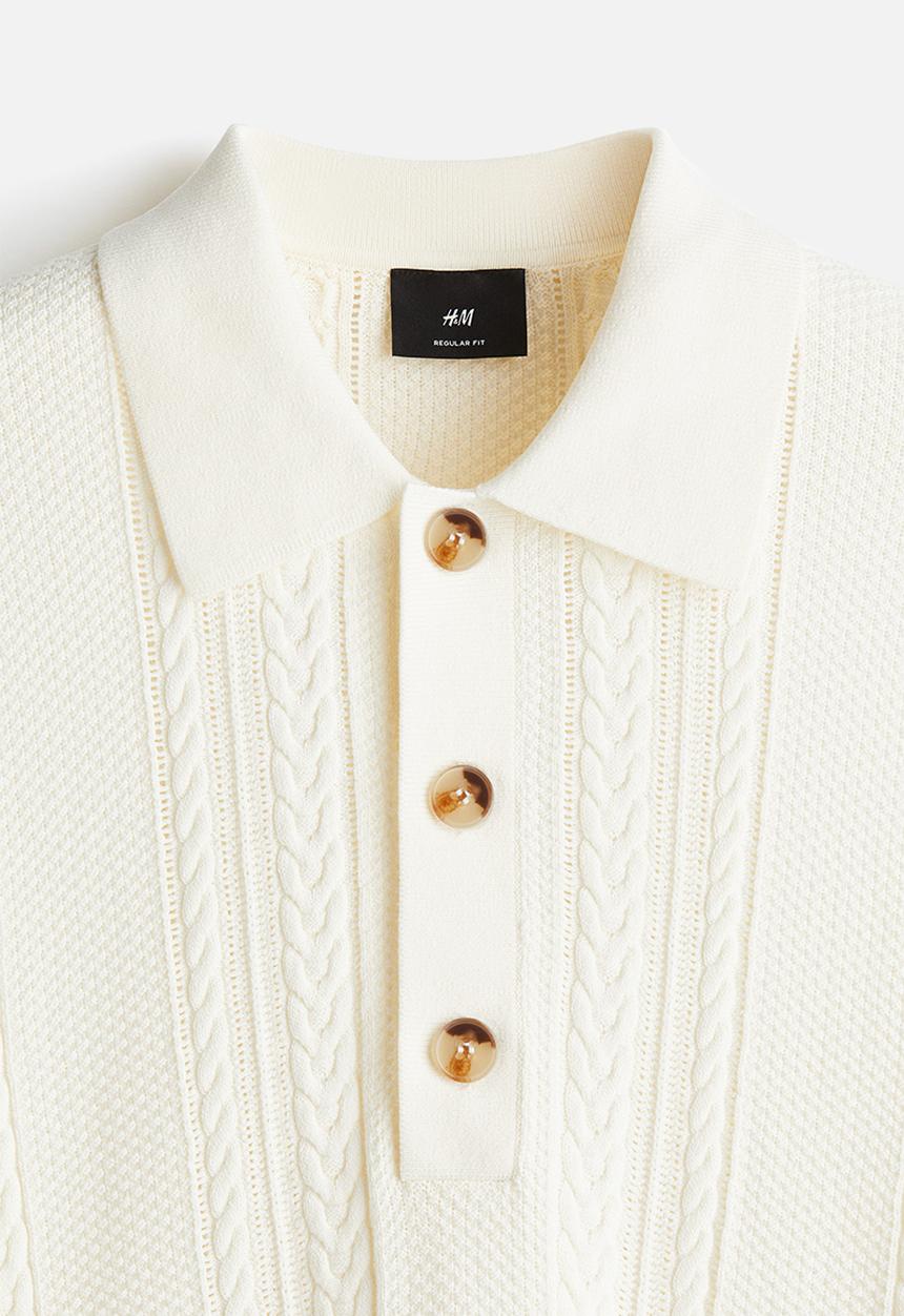 H&M - Regular fit cable-knit polo shirt - cream