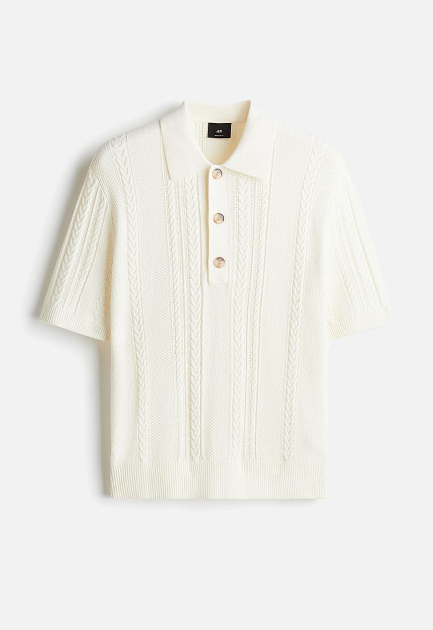 H&M - Regular fit cable-knit polo shirt - cream