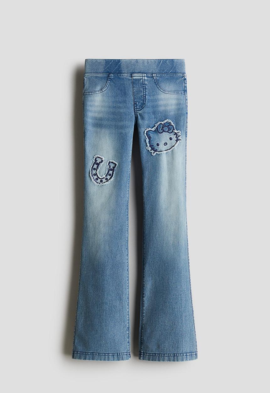 H&M - Denim-look flared jeggings - denim blue & hello kitty