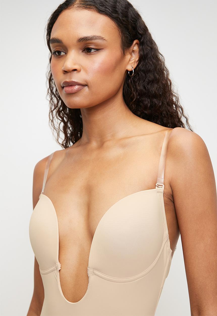 Easy Curves Shapewear - Low back thong plunge bodysuit - beige