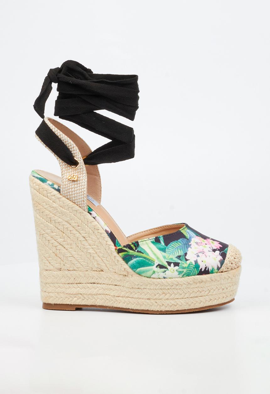 Miss Black - Moniker 10 platform rope wedge - black floral