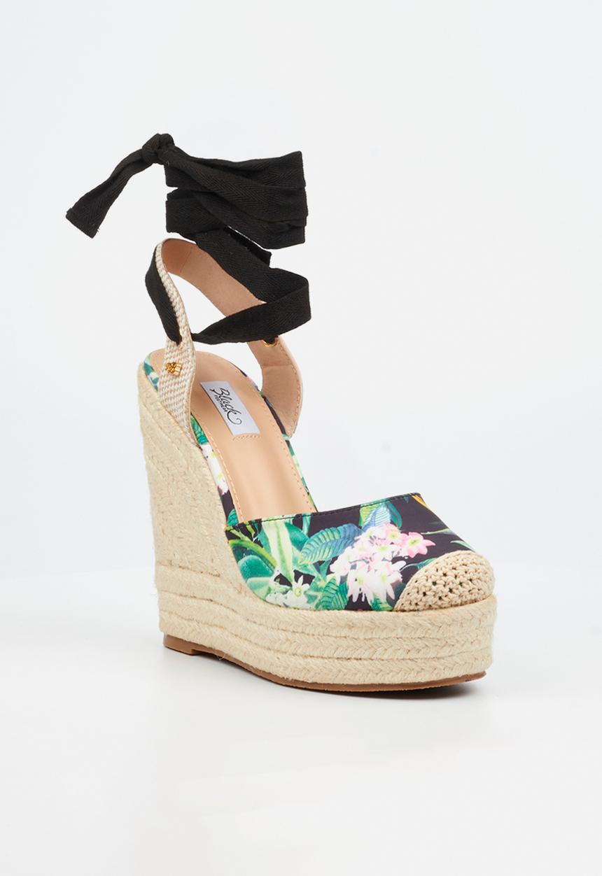 Miss Black - Moniker 10 platform rope wedge - black floral